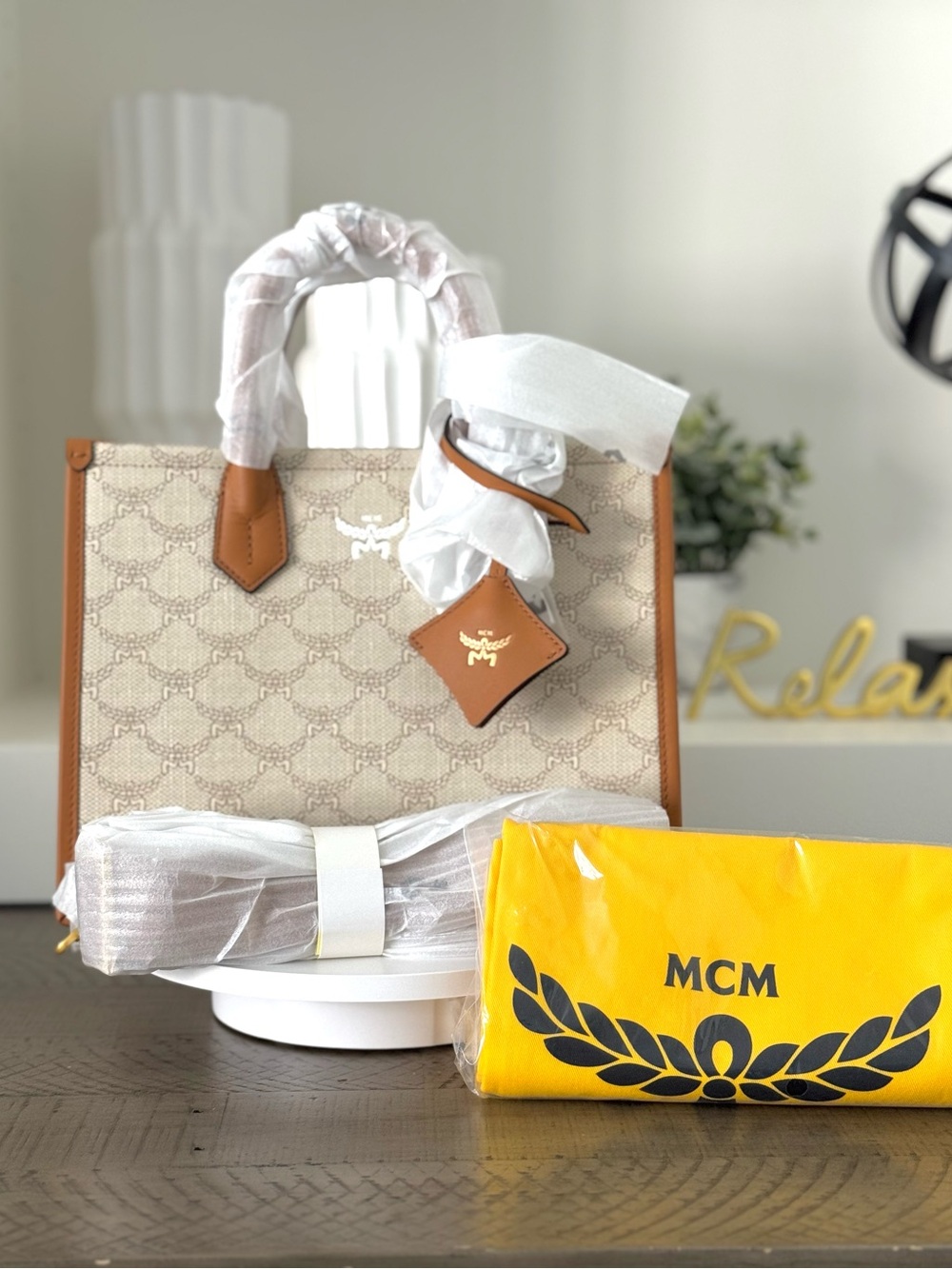 MCM Himmel Lauretos Monogram Tote Bag Beige Cognac Small Tote - NWT